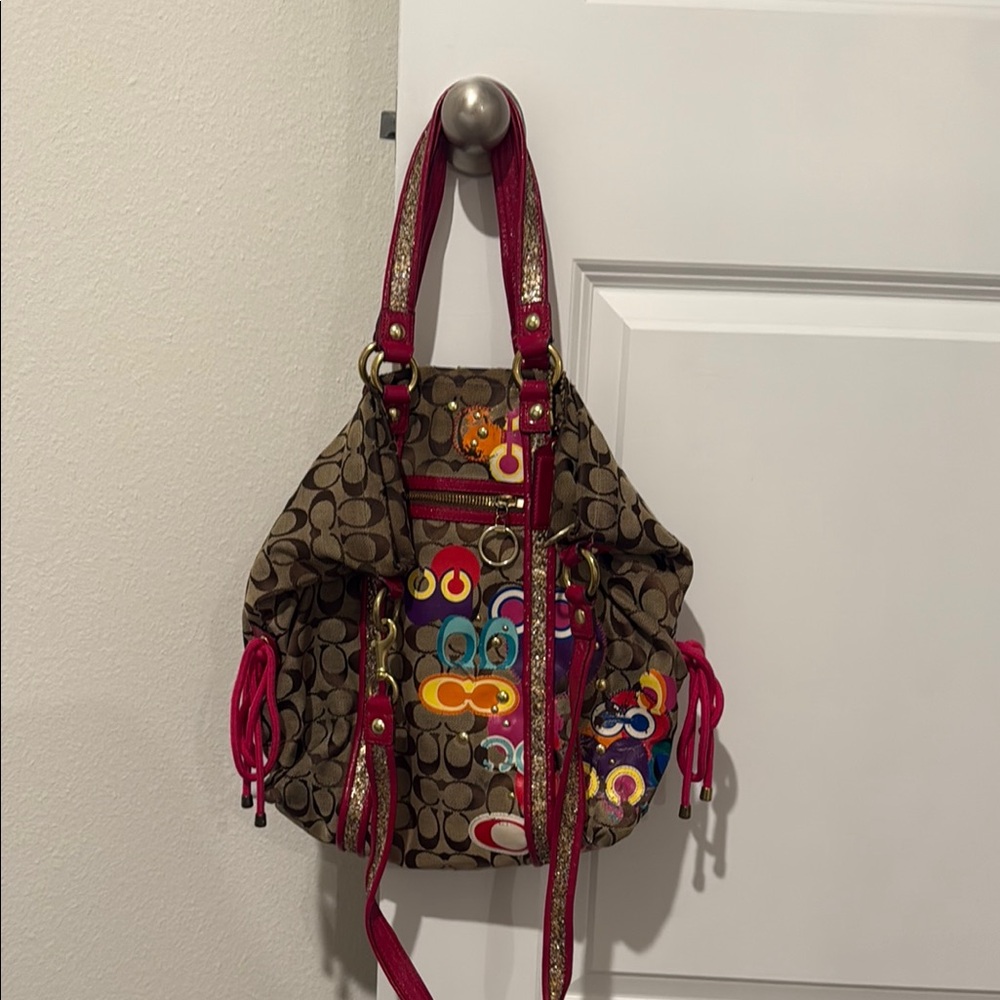 Coach Large Poppy Glitter Hot Pink Leather Trim